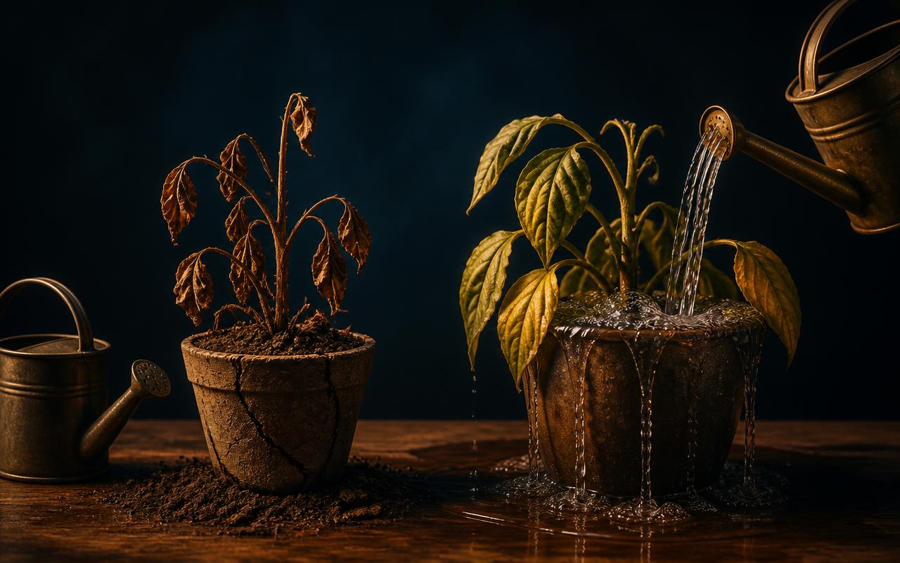 Duas plantas: uma seca por falta de água e outra afogada por excesso de água