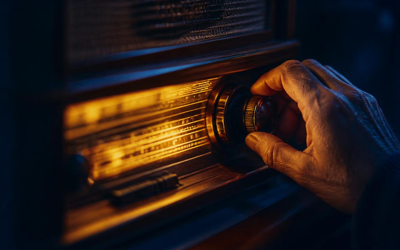Mão ajustando o botão de sintonia de um rádio antigo