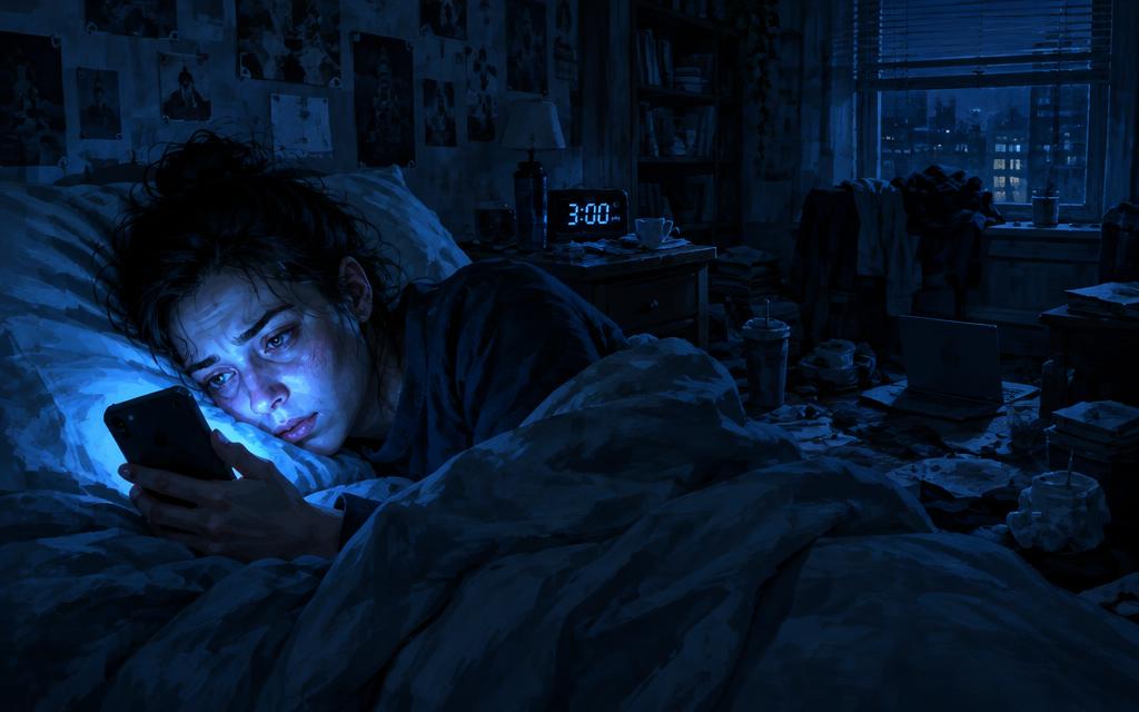 Pessoa acordada às 3h da manhã com a luz azul do celular no rosto